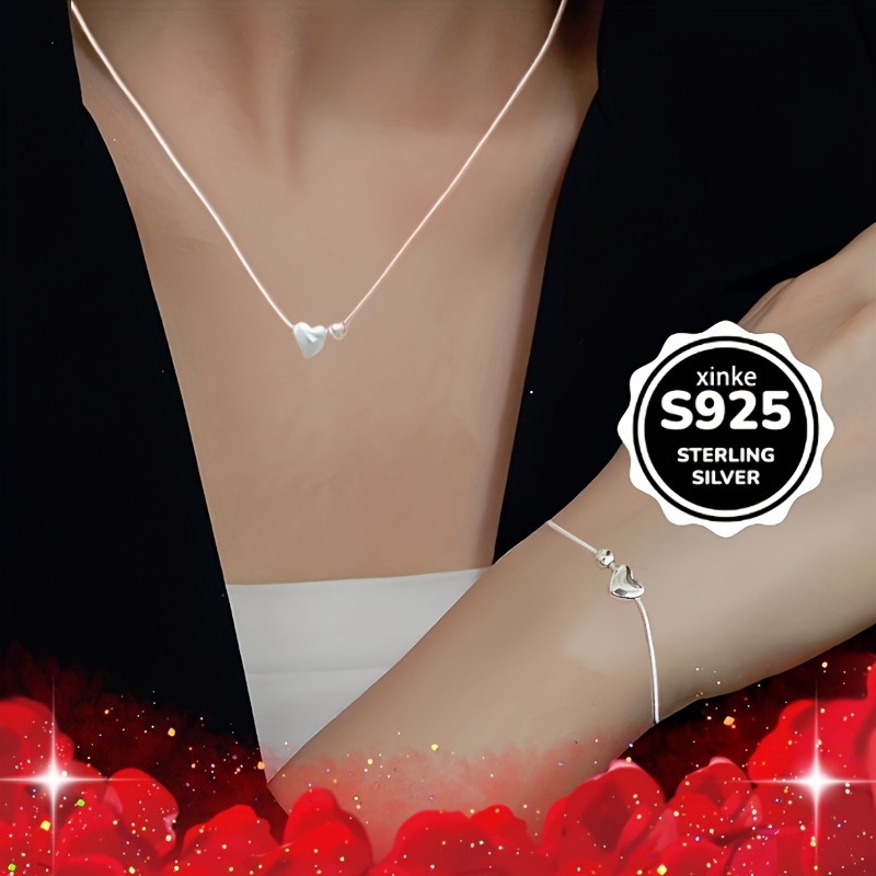 925 Silver Heart Pendant Bracelets Set, Daily Party Beach Accessories
